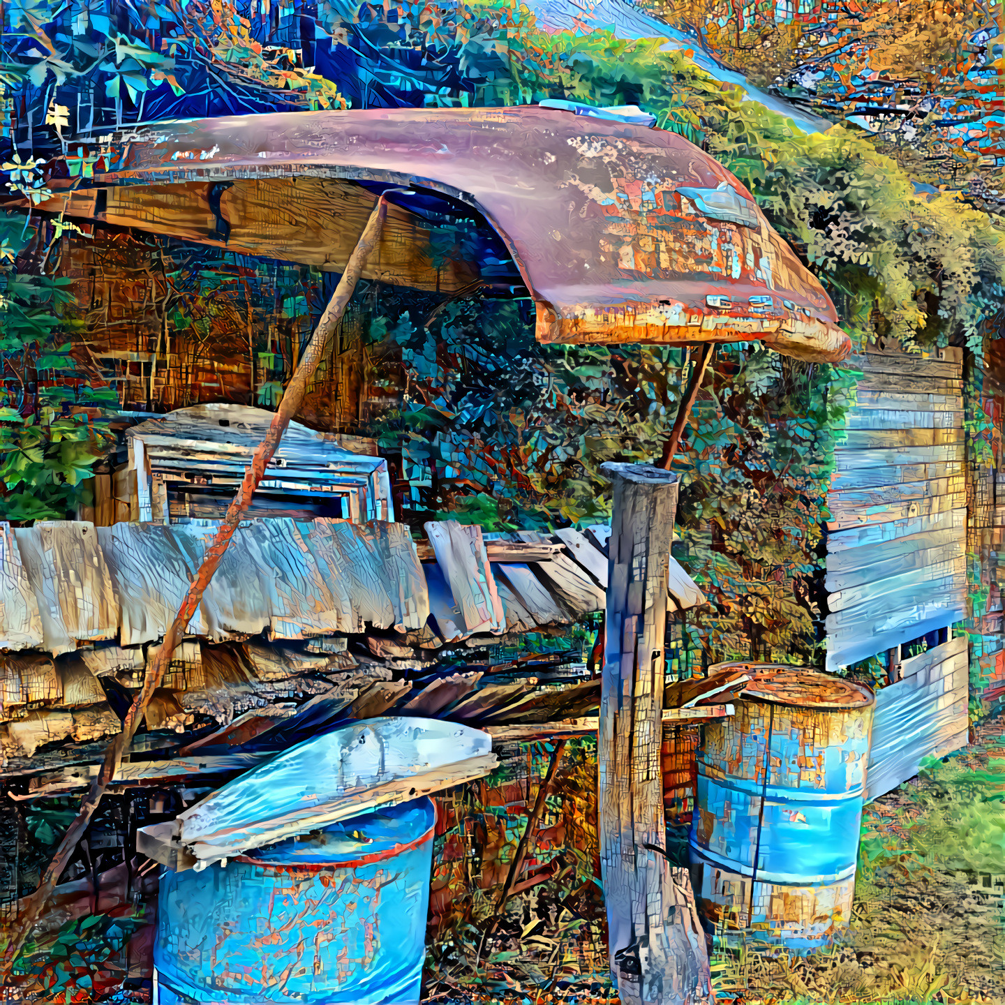 Boat shack in yellow-blue relief