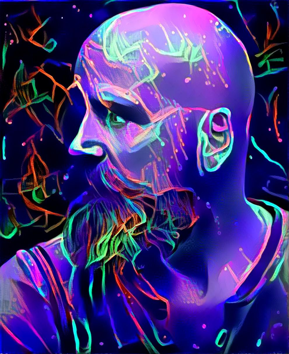 Bearded bald man @ neon