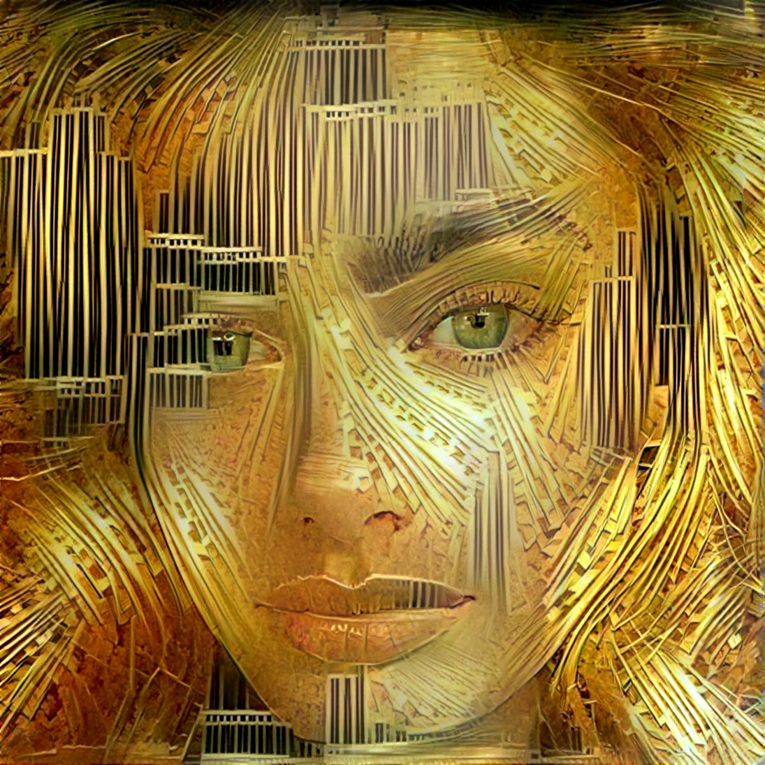 yael shelbia, face, closeup, gold lines