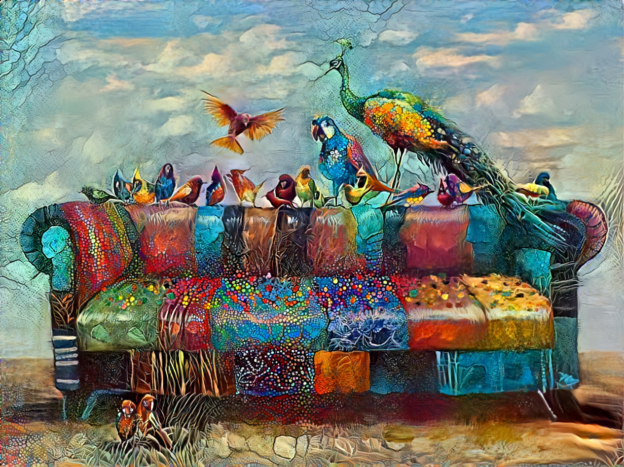 Birds on a colorful sofa-Птицы на красочном диване