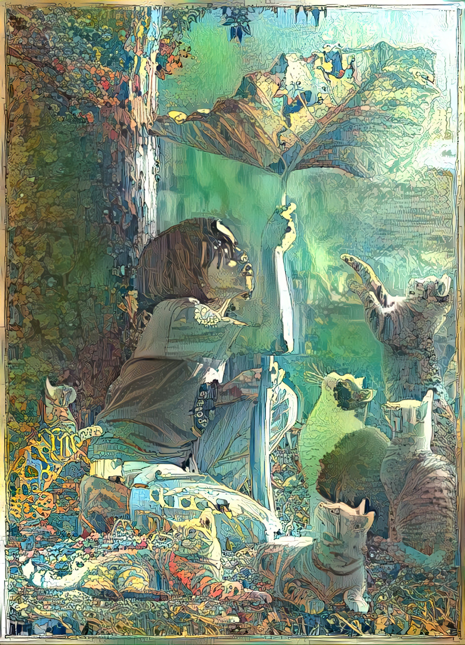 Little Girl with Frogs and Cats