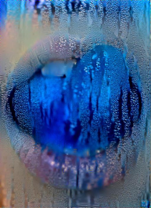 blue tongue seen through rainy window