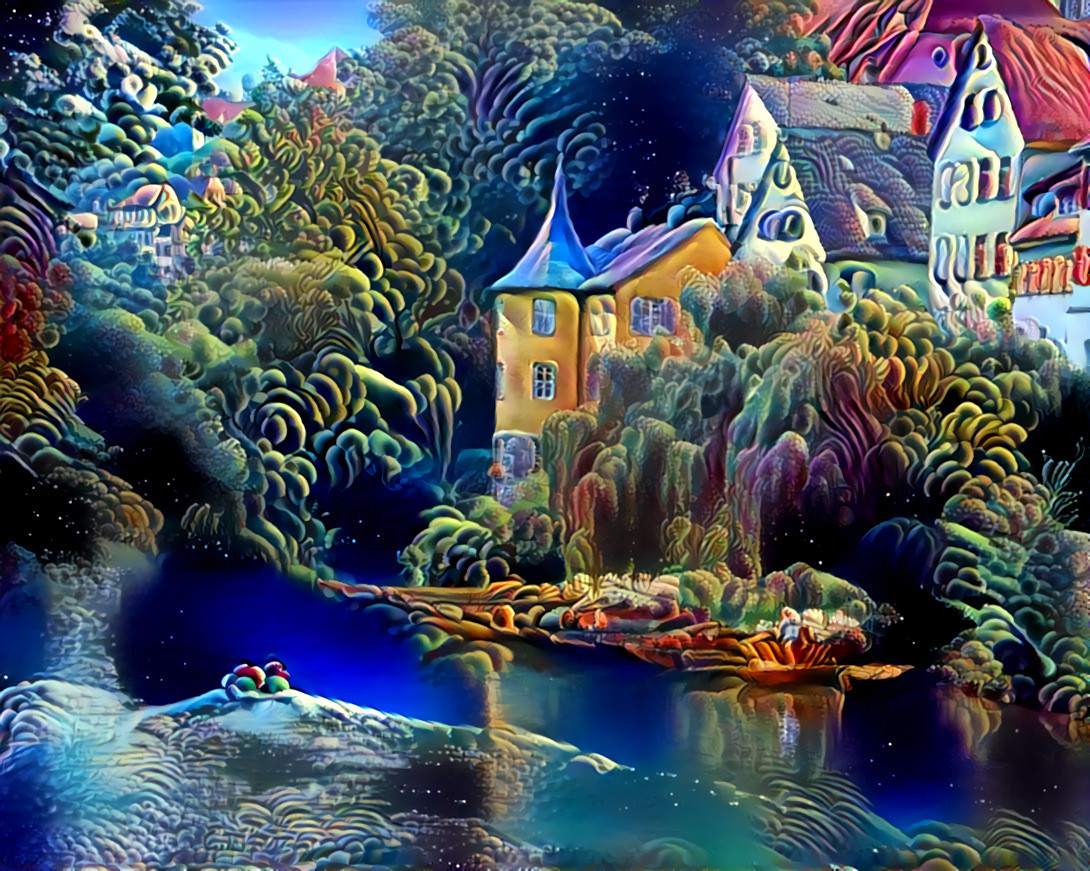 Subject: Hoelderlintum Tuebingen by skeeze (pixabay). Style: Hidden Lake by Andy Russell