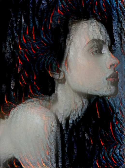 model with charcole hair, or lava, still burning