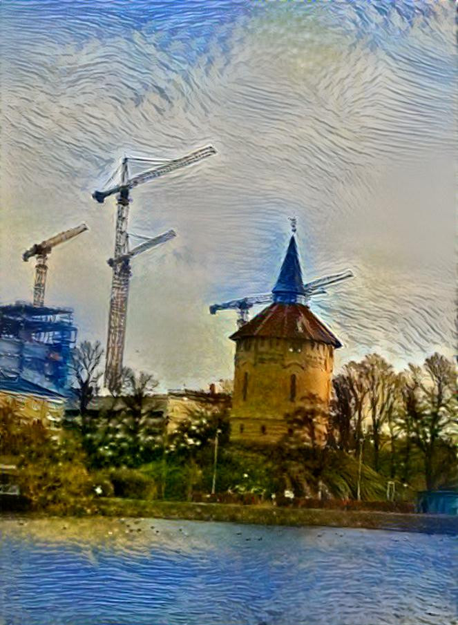 Old watertower #pildammsparken #malmö, under attack. old and new ( Way of the crane..)