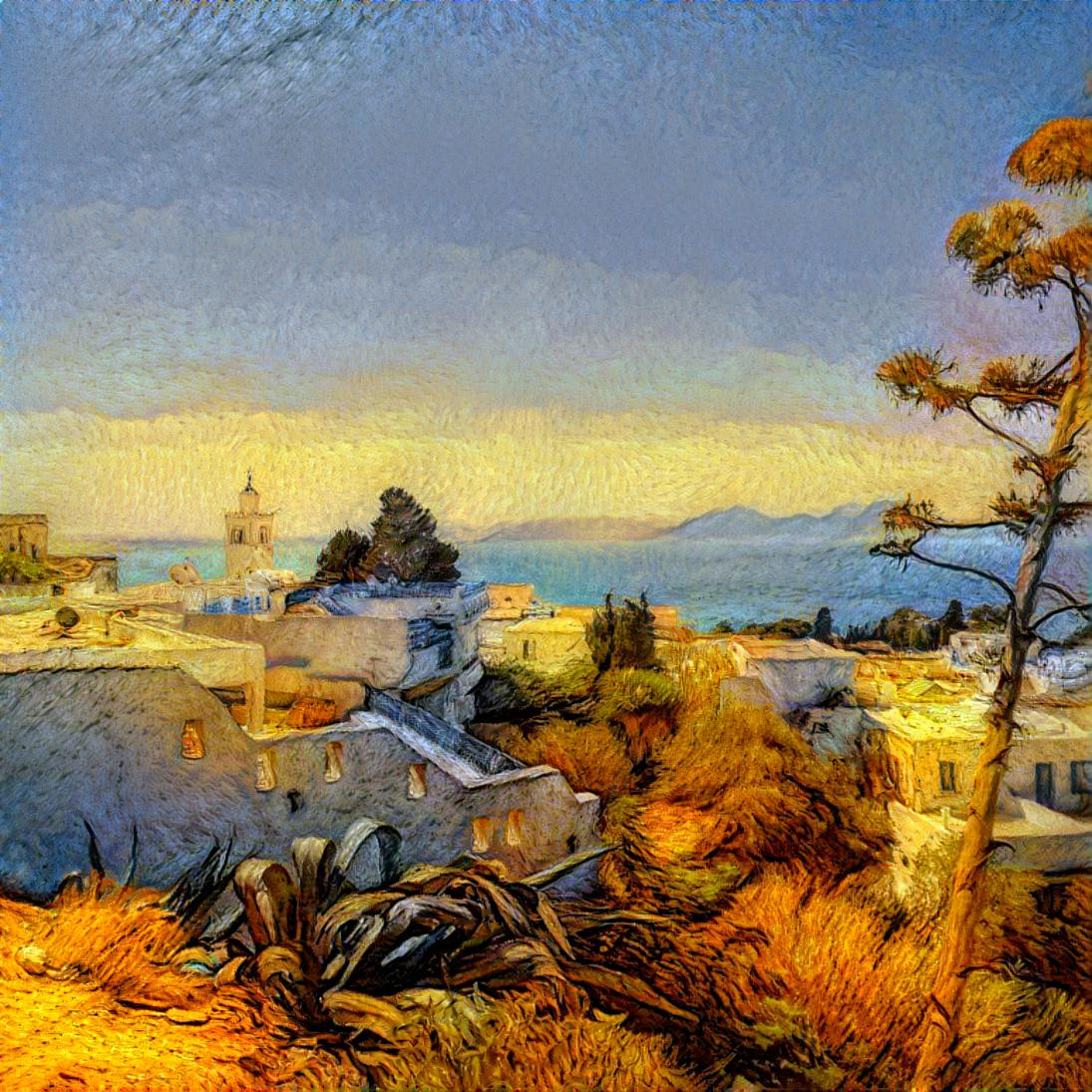 Sidi Bou Said by Tyna in the manner of vanGogh