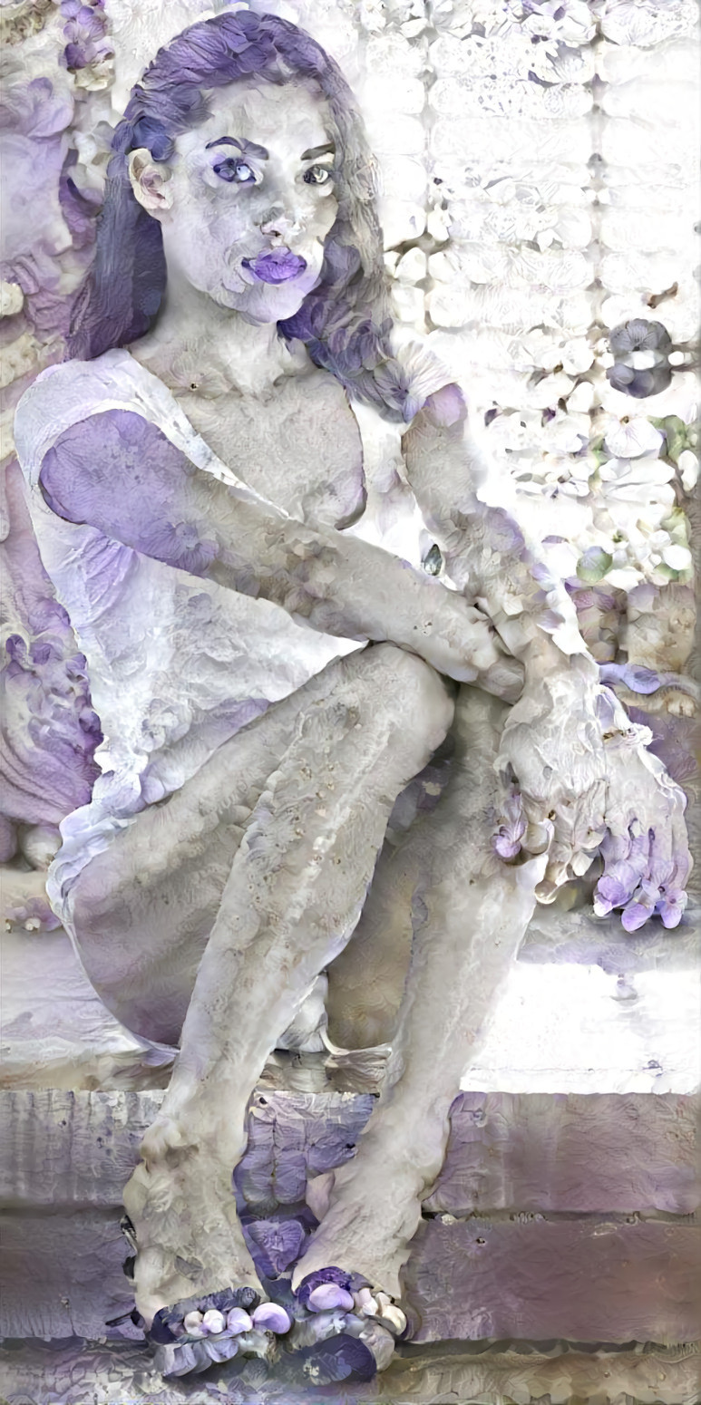 model in sandles, sitting, white, purple, flowers