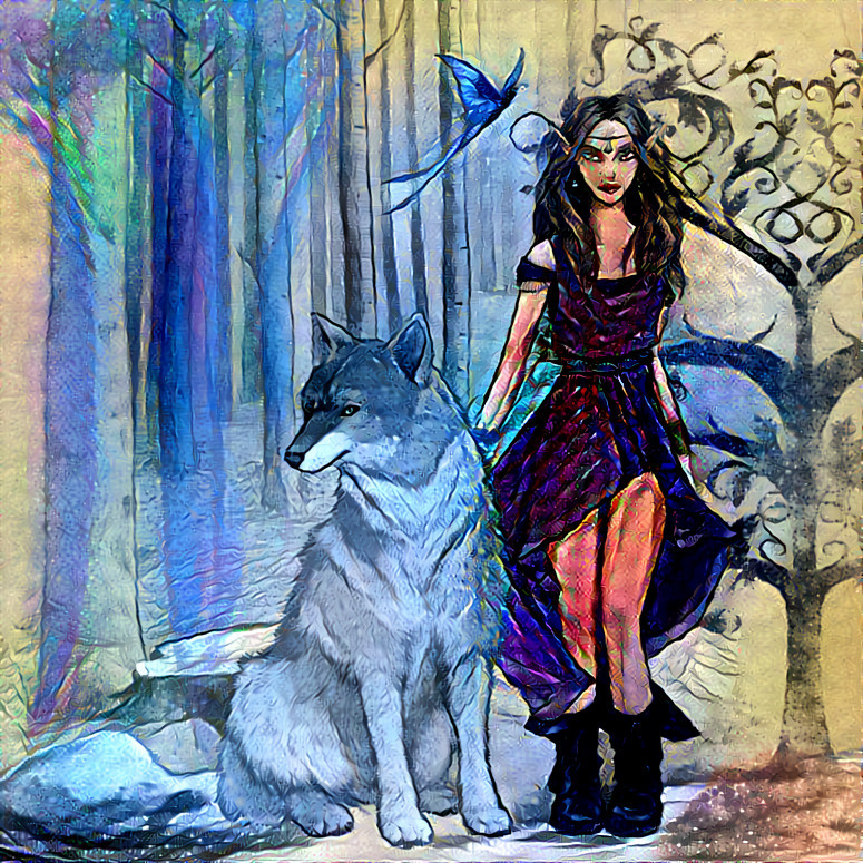 Elf Girl with Wolf and Butterfly