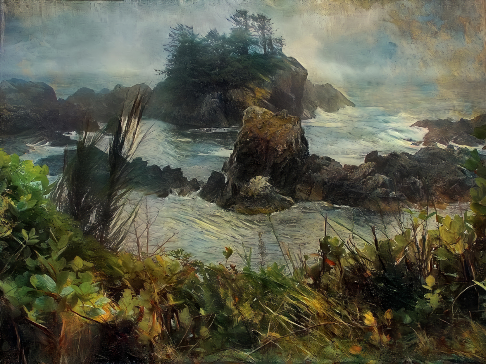 Fragile Lands.  Original photo taken on the "Wild Pacific Trail" in Ucluelet, British Columbia, by Jack (jackaloha2) on Flickr, using a texture by Kerstin Frank Art.
