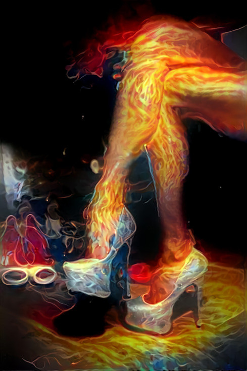 model crossing legs, high heels, fire, electricity