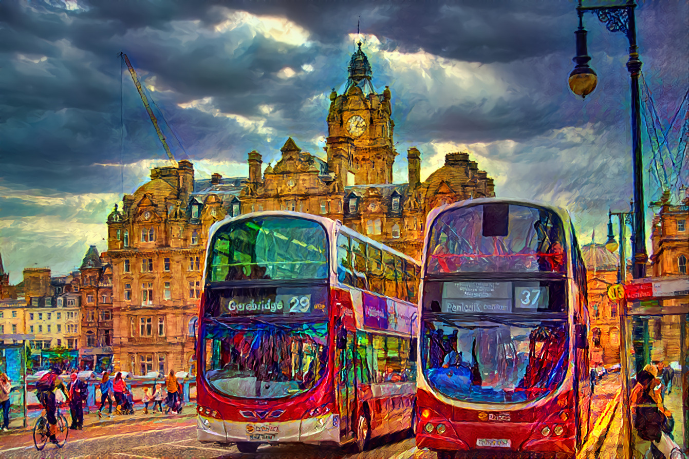 Edinburgh buses and the Balmoral Hotel, Scotland