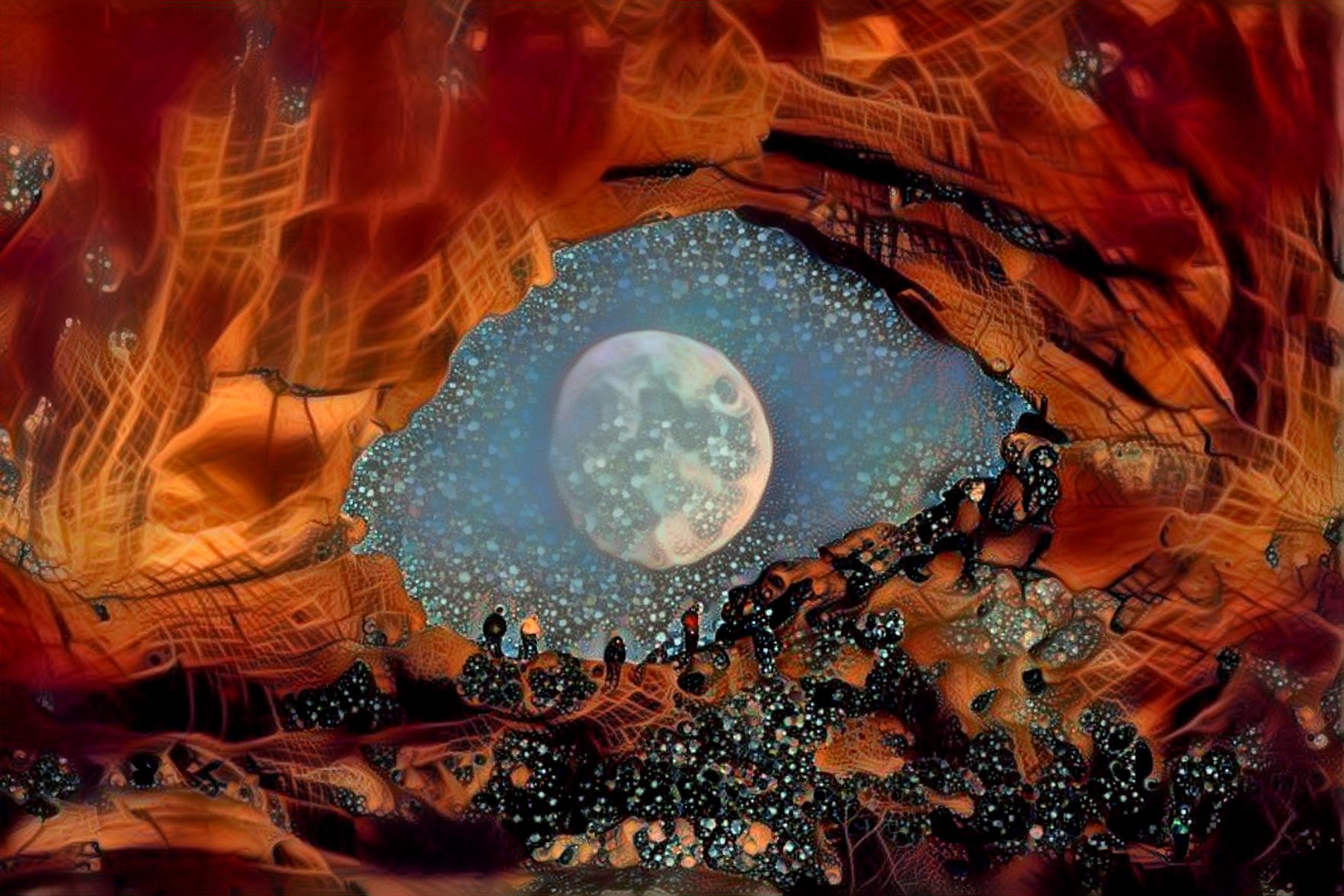 Deep Dream inspired by photographer Zach Cooley capture of a full moon in the middle of the North Windows Arch at Arches National Park.