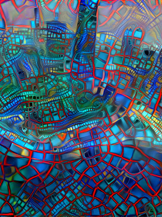 city at night from above, aqua, red, painting