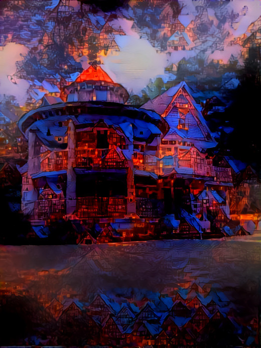 victorian house, red, purple, glow
