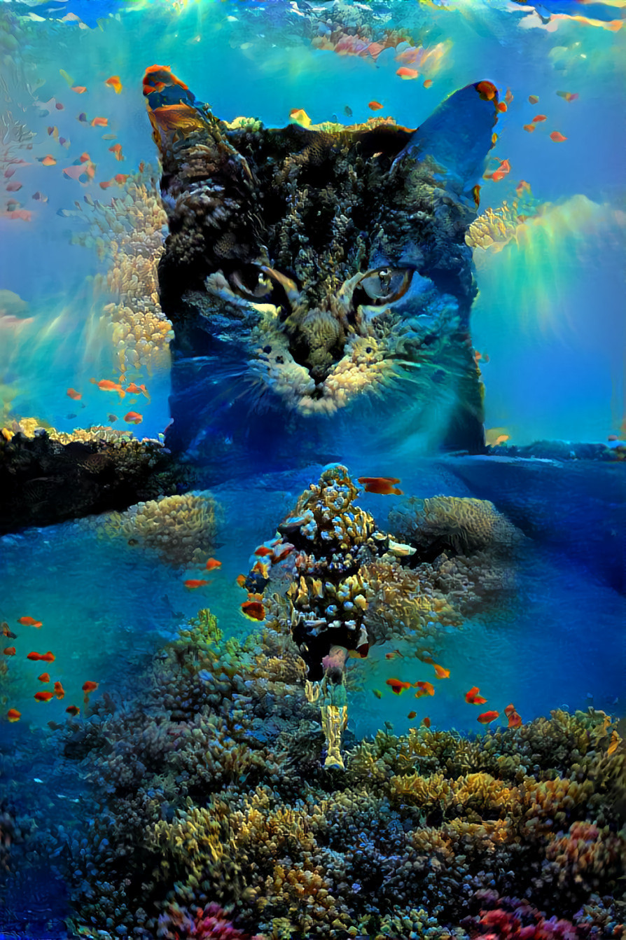giant cat fixes on girl running away, underwater