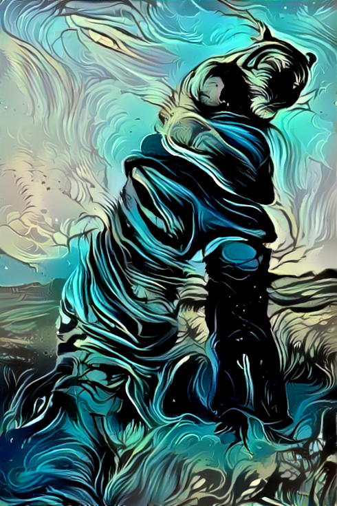man hugs tiger - blue & black swirls