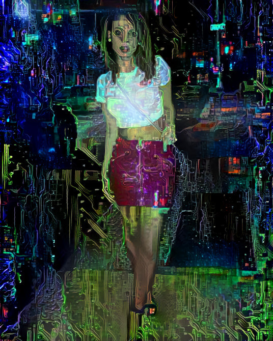model in skirt, city at night, blue, green, 2