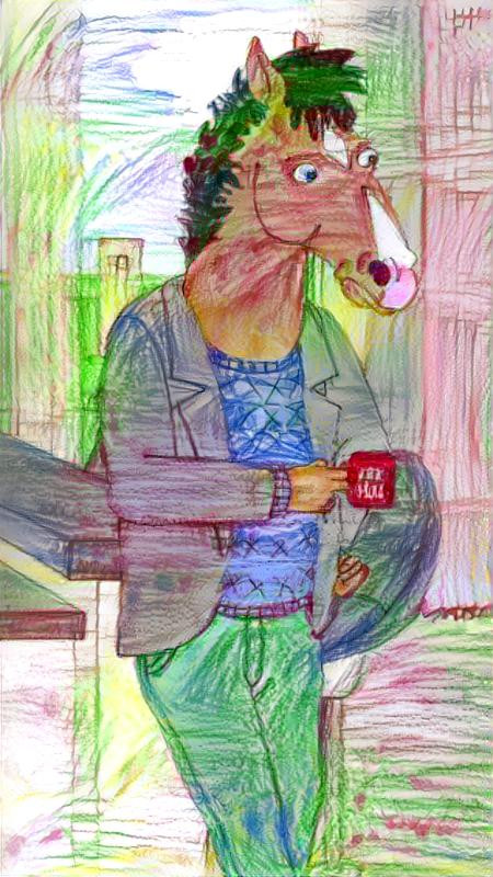 bo jack horseman, drinking coffee, color crayons