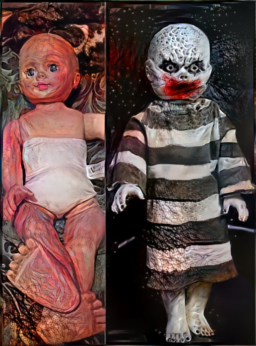 Before & after photos of the "Blood Mime" dolly I made for my friend Charlie (Pinkstylist on youtube. Please check him out! He's amazing!) The doll is based on one of Charlie's original looks. The style is made of 3 dreams & a photo I took of a tree.