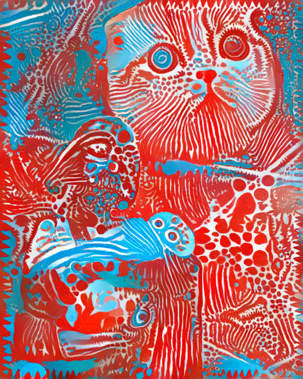 darth vader cuddles cat, red, blue, graphic art