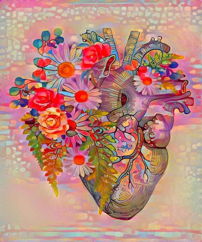 Human heart, flowers, daisy, anatomical art