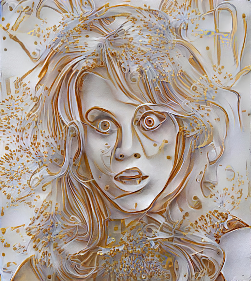 jane fonda with surprised expression, white, gold