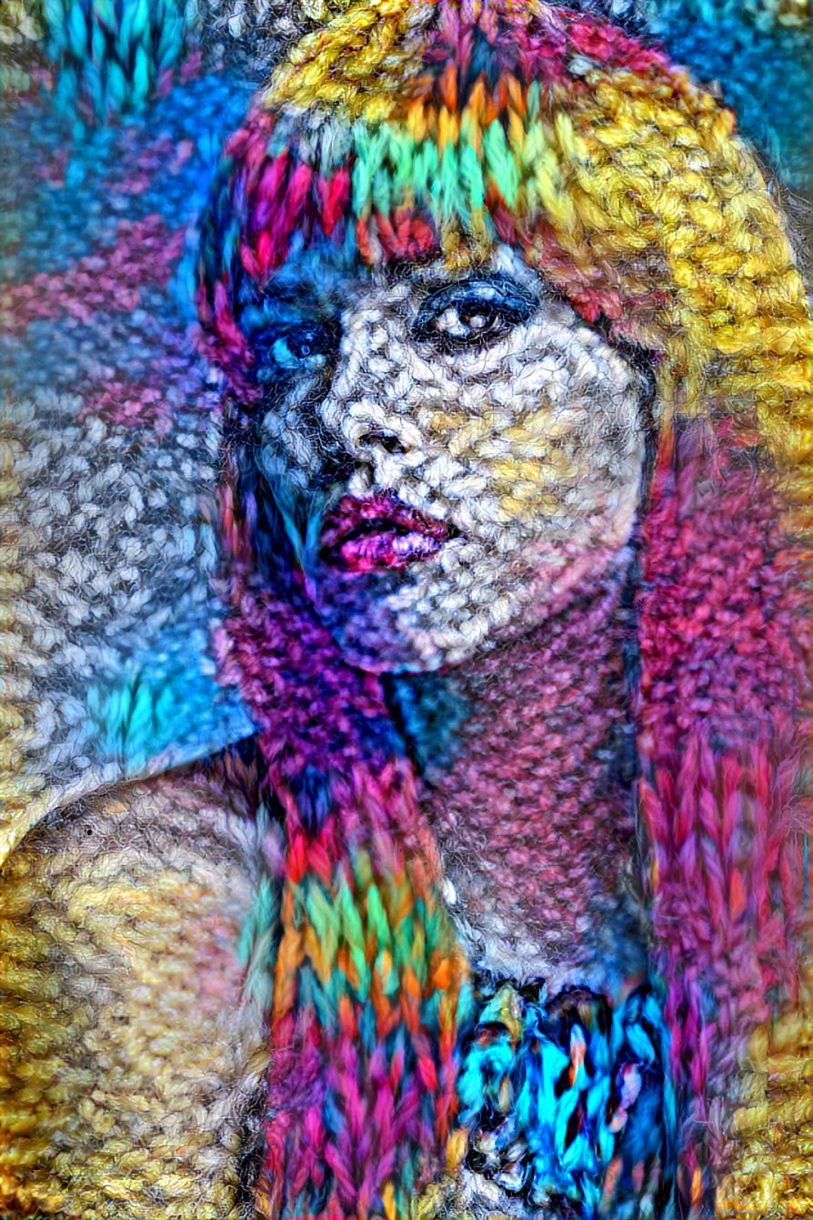 model with rainbow knit hair