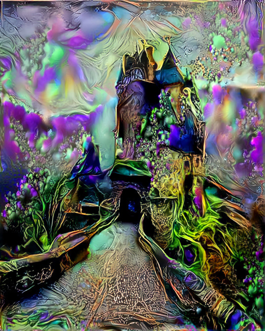 iridescent castle, purple, green, aqua