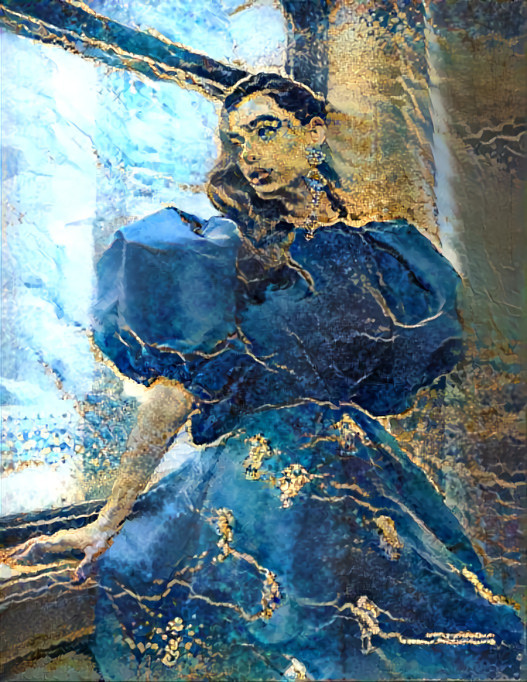 yael shelbia wearing blue dress in front of window