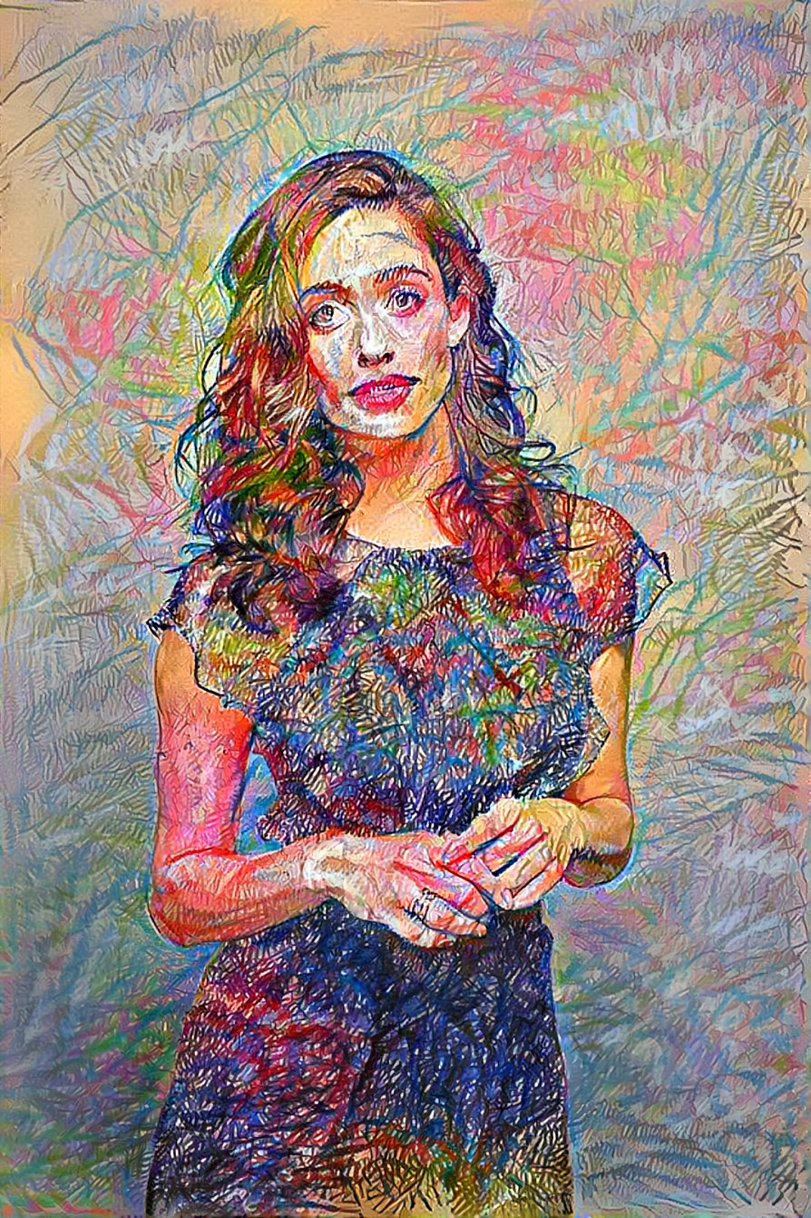 model in dress standing, colored pencils