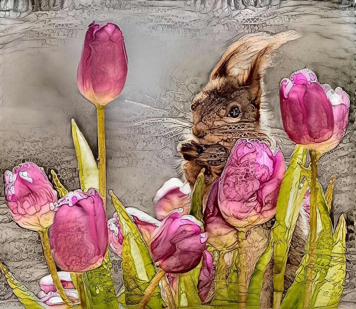 squirrel and tulips