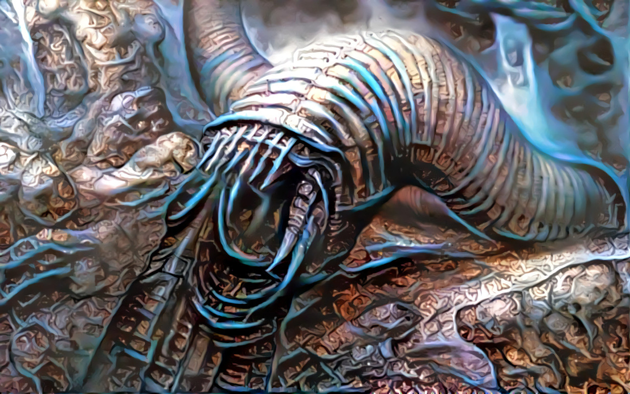 Original image is concept art for a movie version of Dune that was never made. The art was based on work by H. R. Giger.