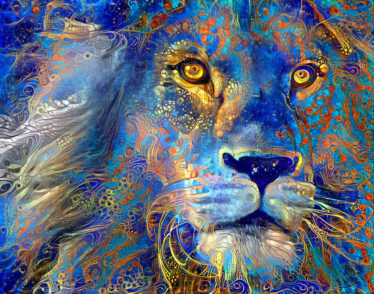Blue lion, red and gold details