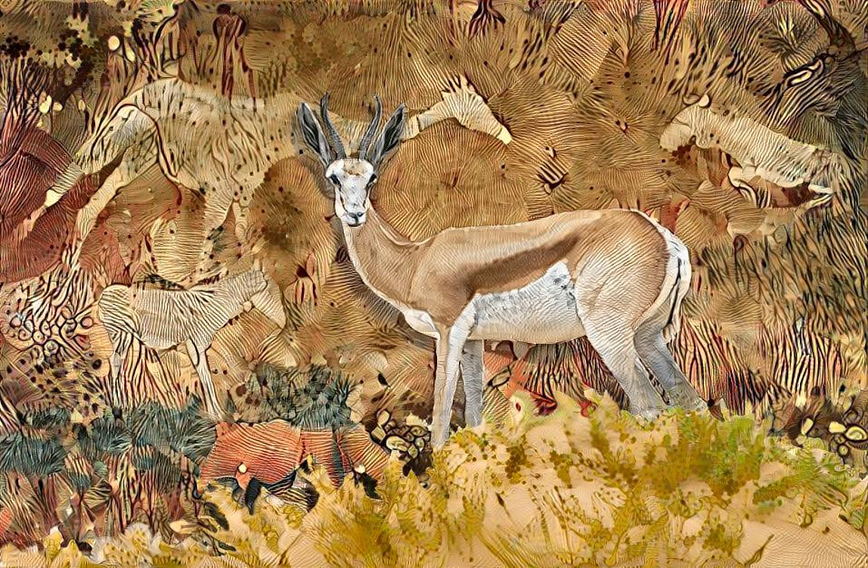 This photo montage features a South African Springbok plus ancient Namibian cave paintings which portrayed the local wildlife in amazing detail.