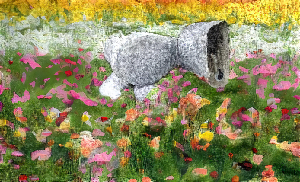 Broken urinal in field of flowers II