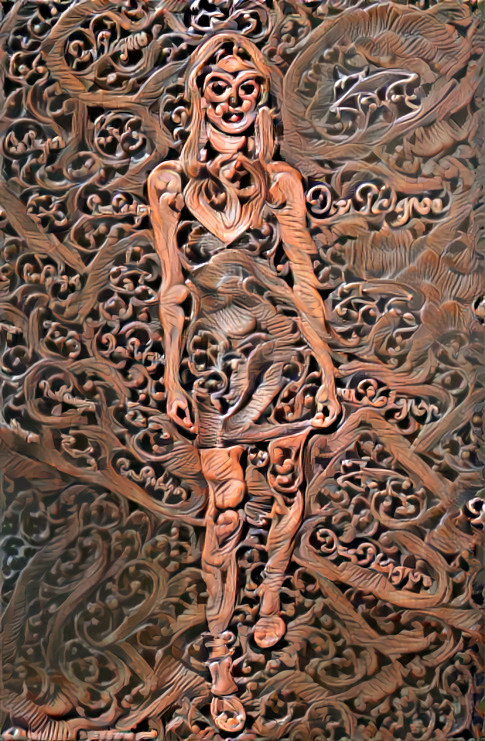model in dress looks at camera, wood carving