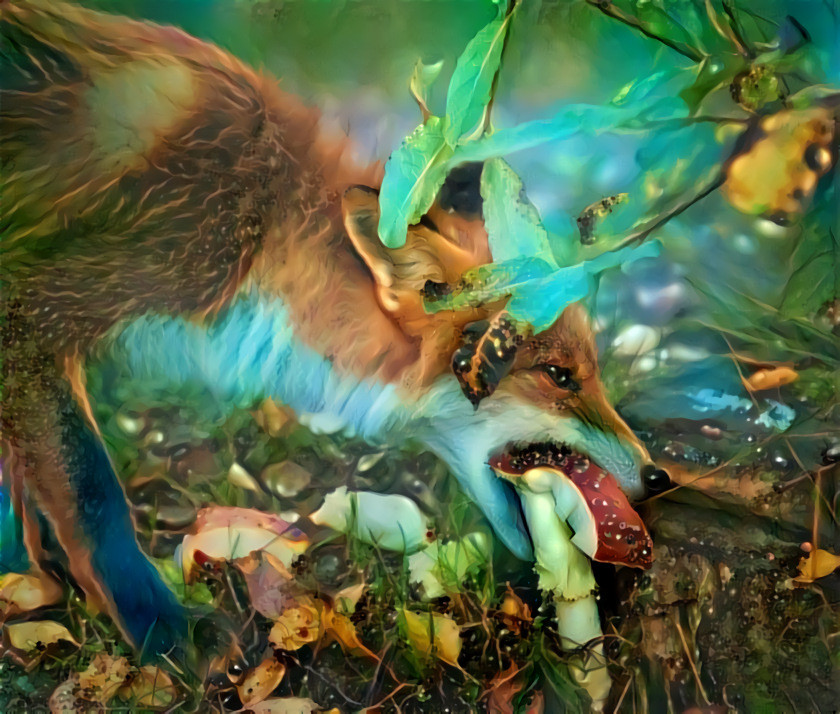 Fox eating Fly Agaric