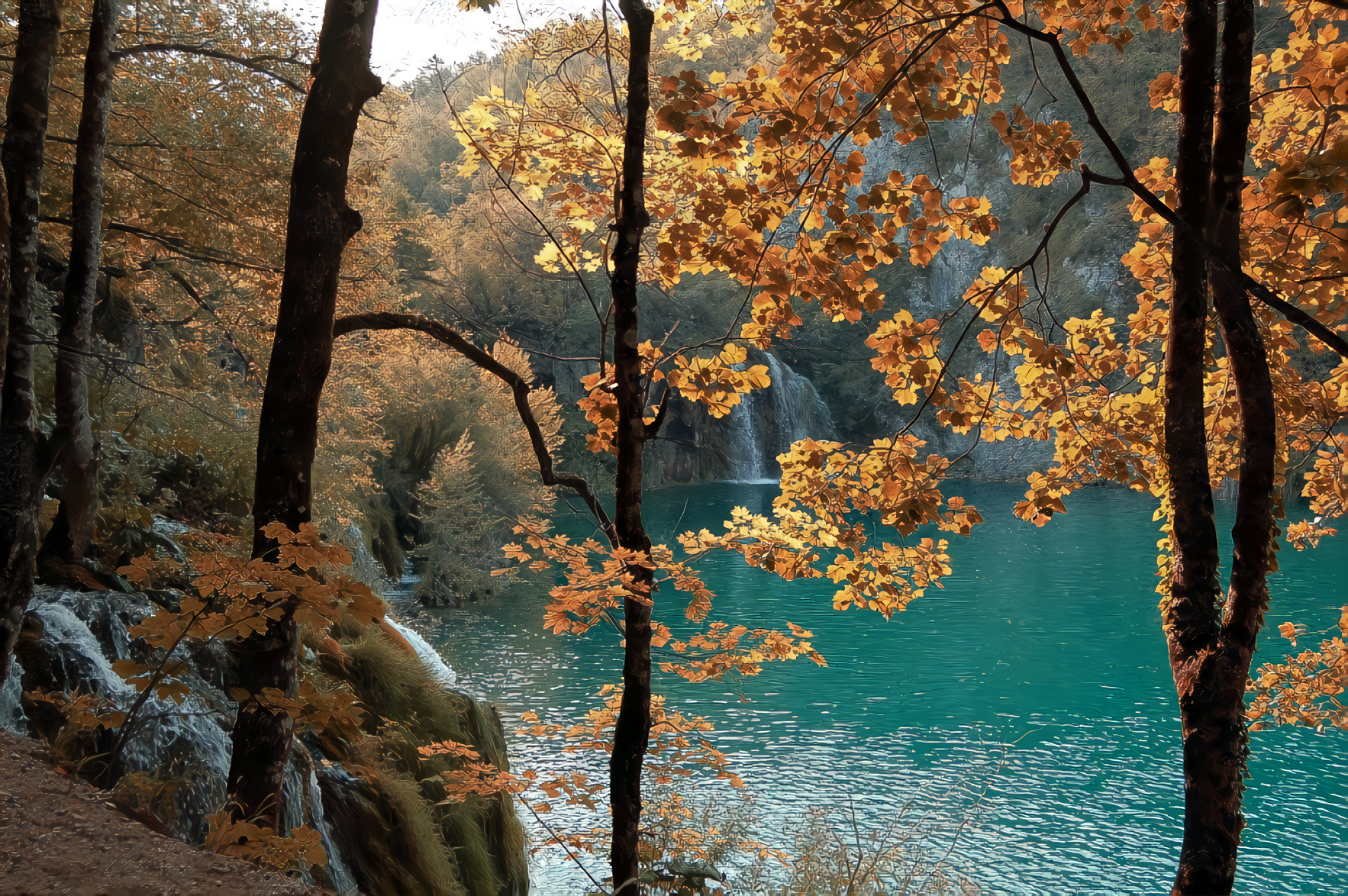 Lake, Waterfall, Autumn Trees