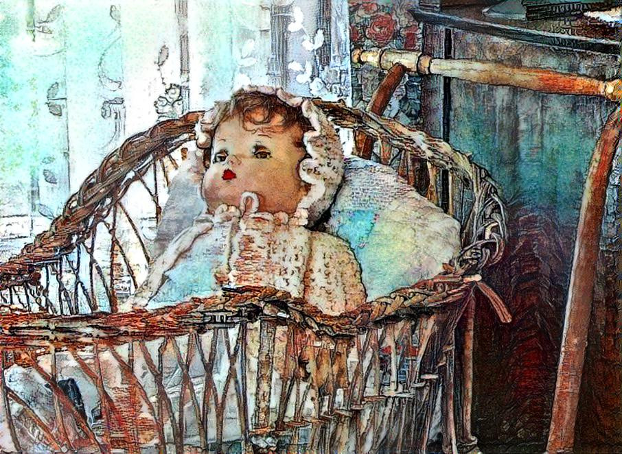 Neat Old Doll in Old Buggy