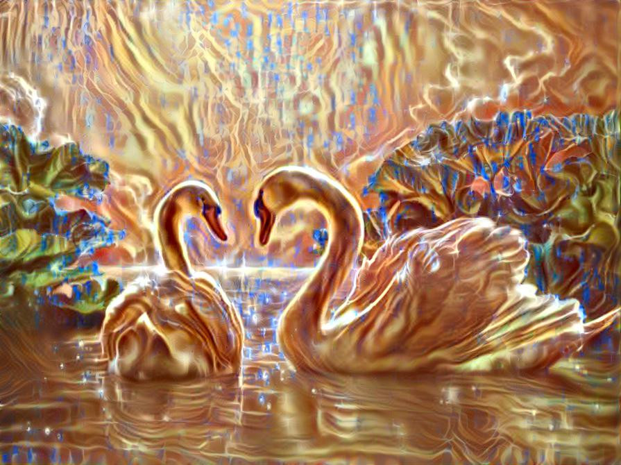 Glowing golden swans in love