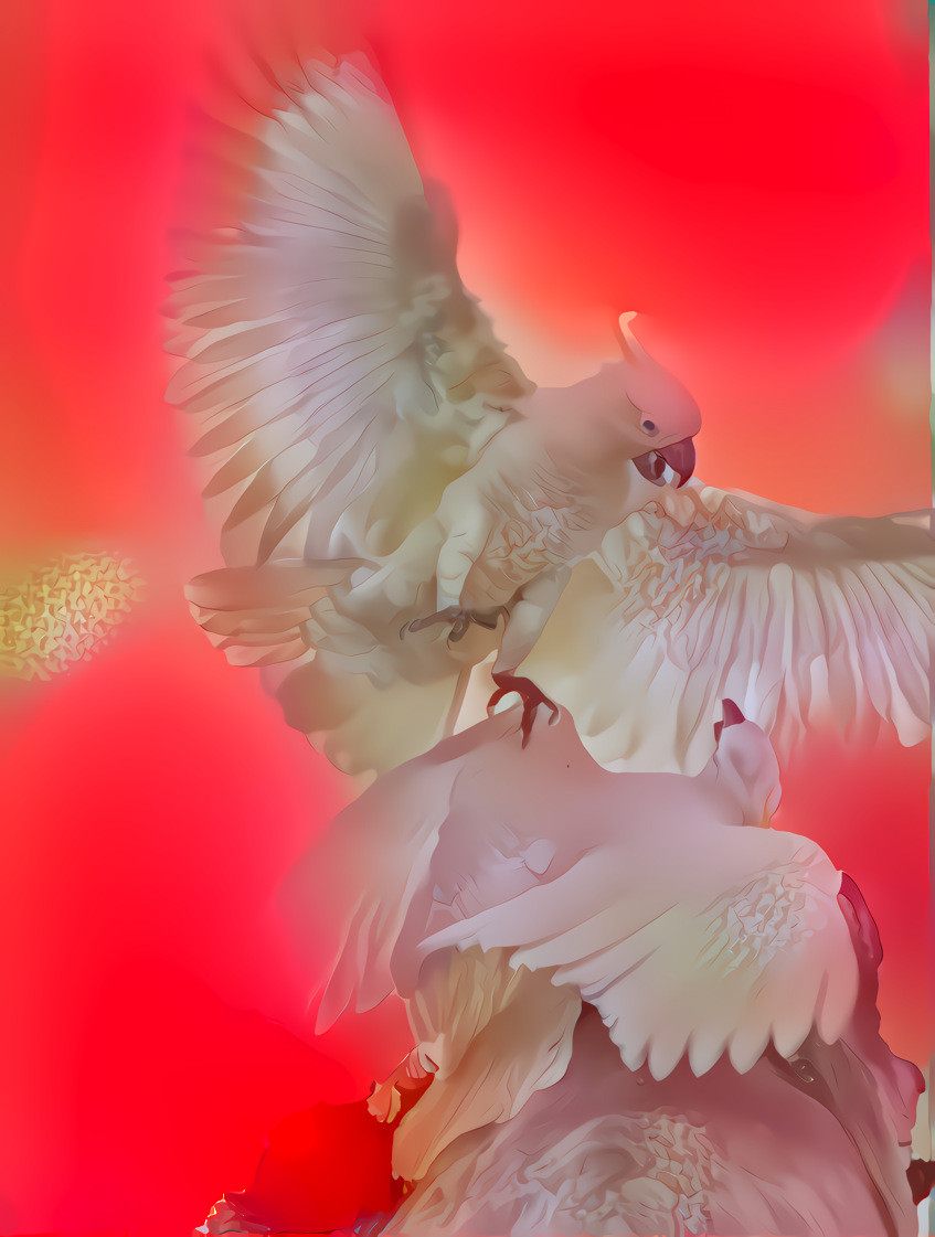 Yellow-crested Cockatoos in Pink.  Original photo by Photologic on Unsplash.