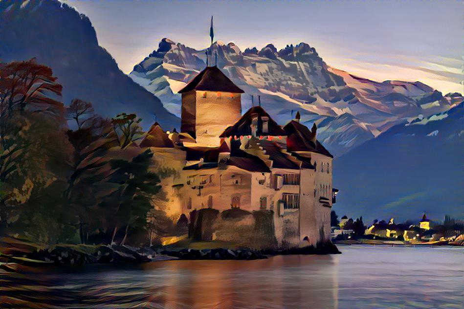Chateau de Chillon et les Dents du Midi, Suisse