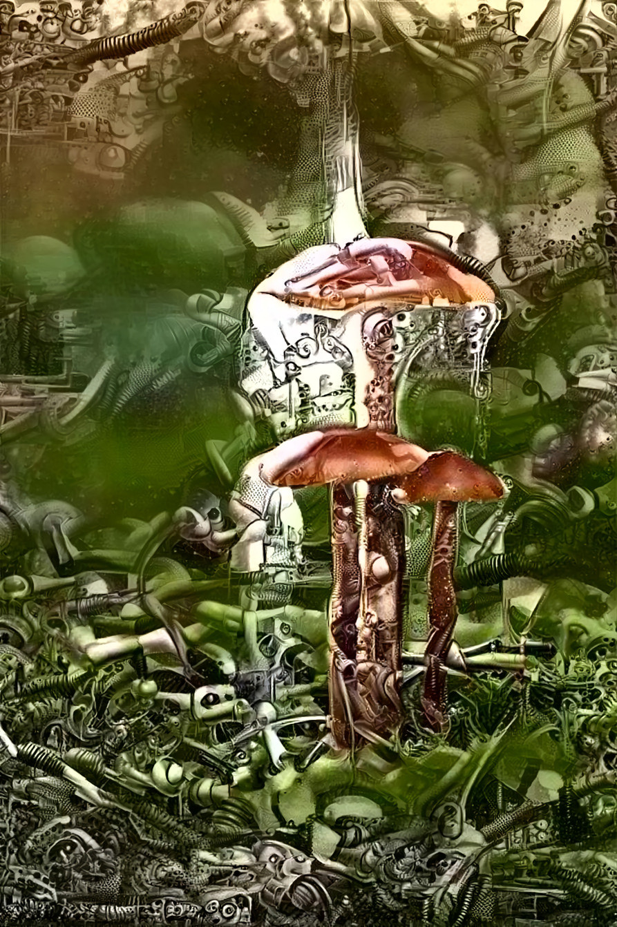 mushrooms in forest, water dripping, green