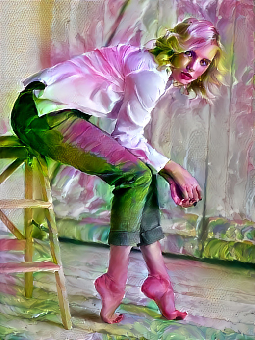 model, blond, barefoot, posed sitting on stool 