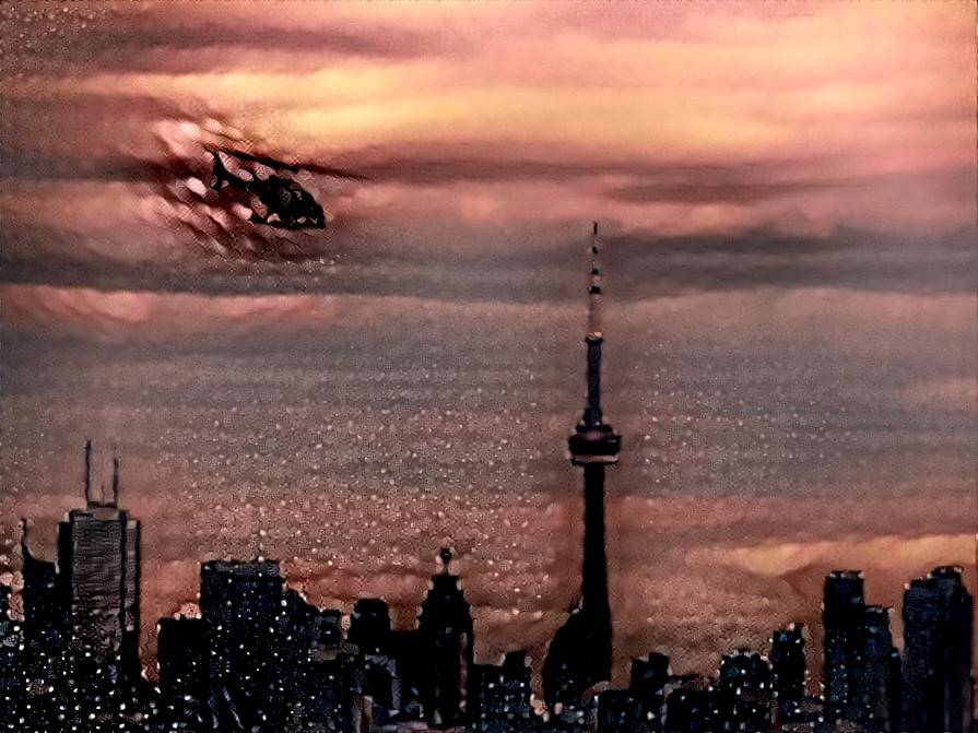 CP24 Chopper Flying Towards Toronto At Sunset