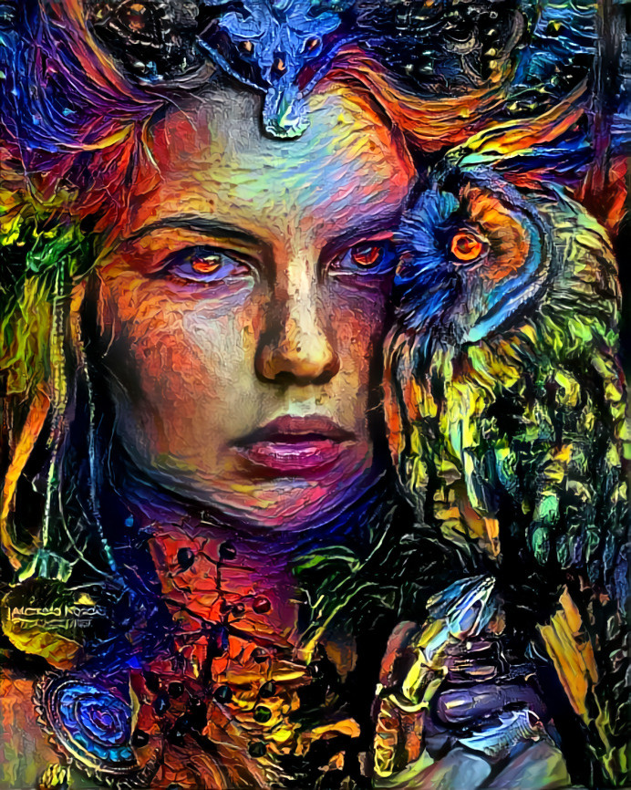 Colorful woman and owl