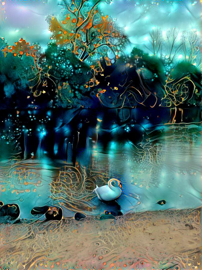 Blue shoreland with swan