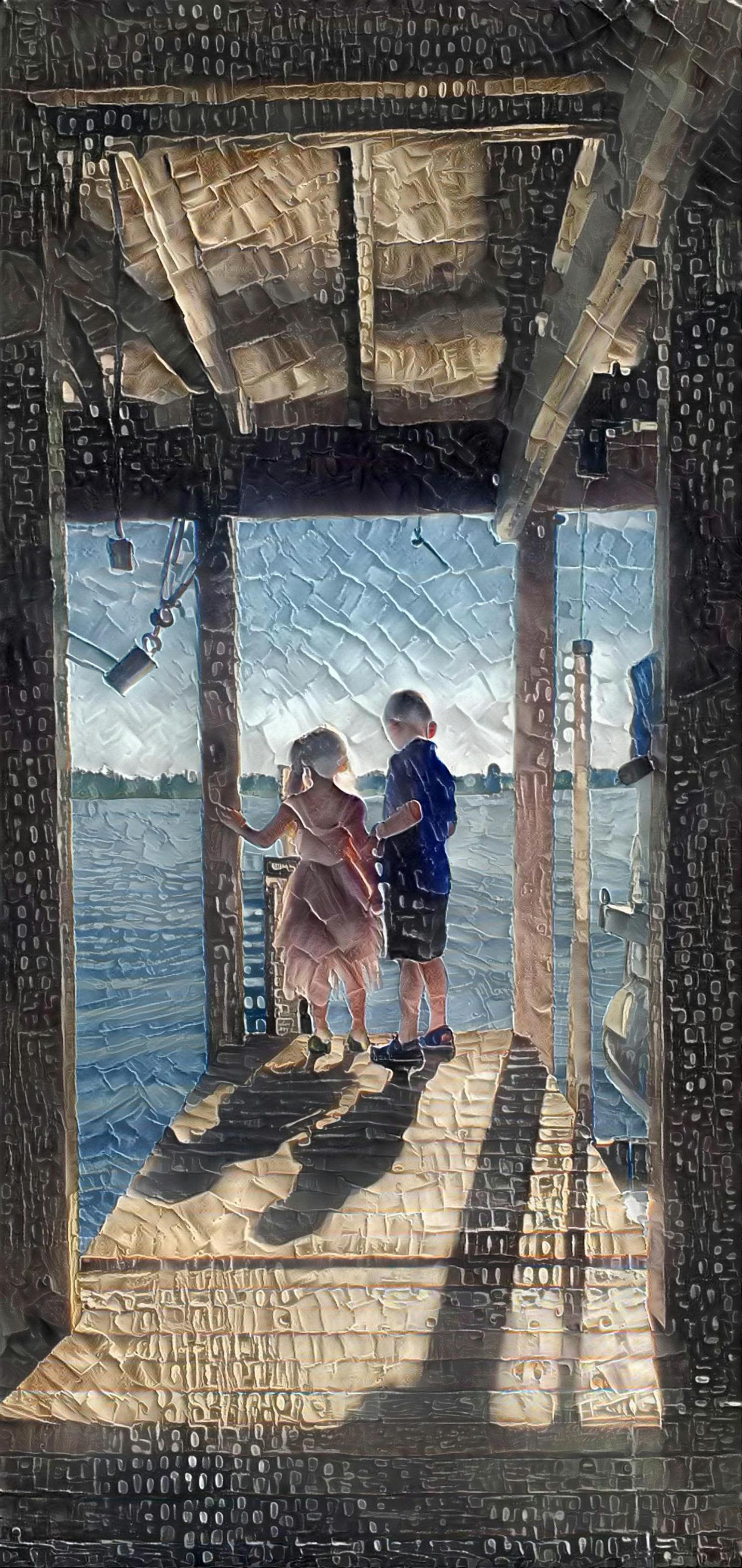 Siblings on a dock