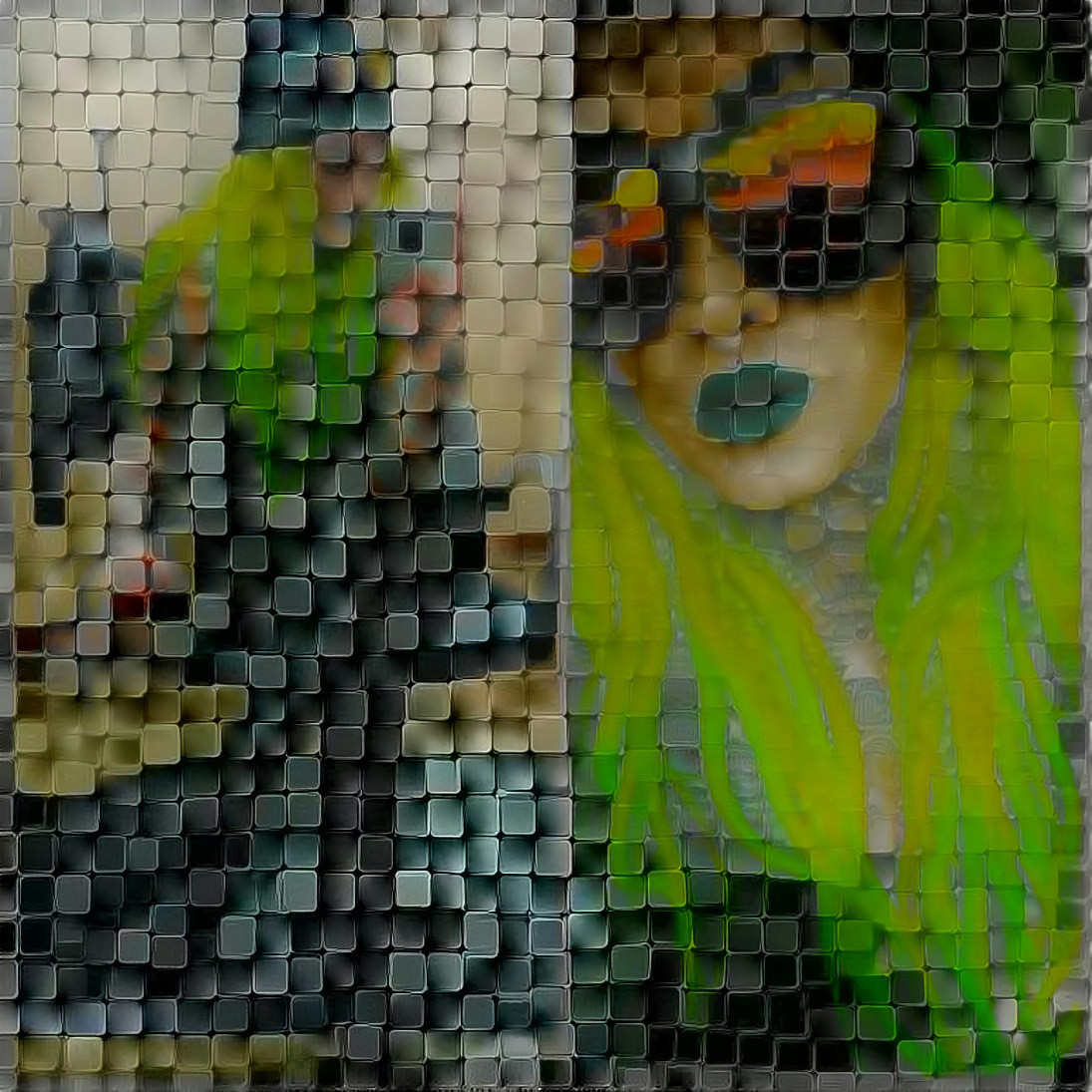 green haired model in sunglasses, blocks