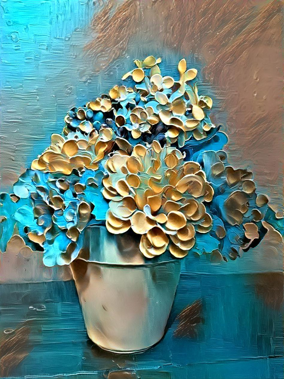 Aqua and tan blooms
